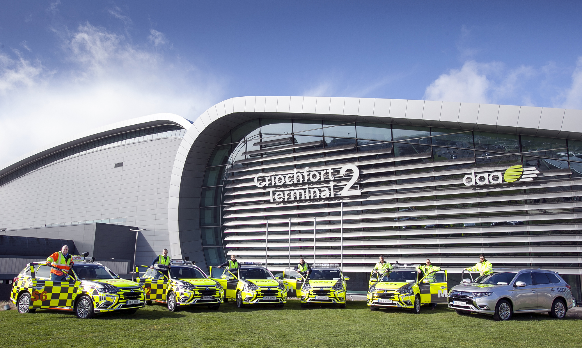 Dublin Airport's fleet of electric vehicles pictured with Terminal 2 in the background