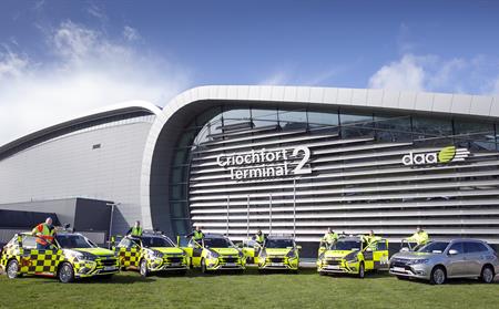 Dublin Airport's fleet of electric vehicles pictured with Terminal 2 in the background