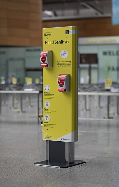 Sanitiser Unit in the Terminal 2 Departures Hall at Dublin Airport.