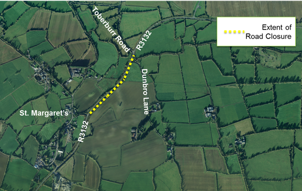 Image of a map, showing the proposed temporary closing of a section of St. Margaret’s Bypass