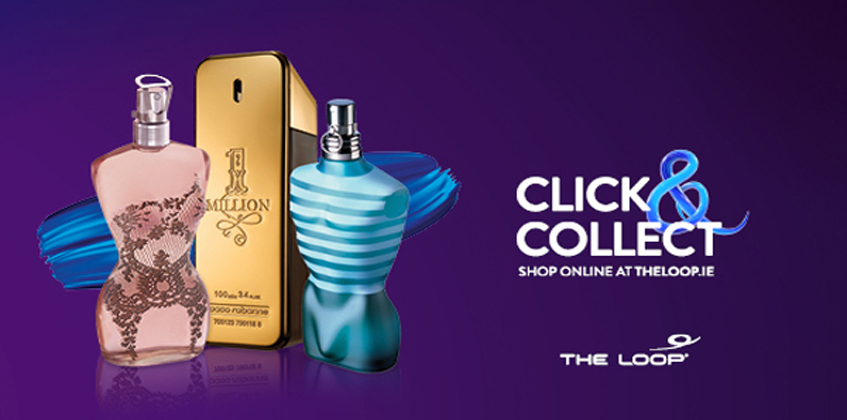 click and collect banner with perfume bottles